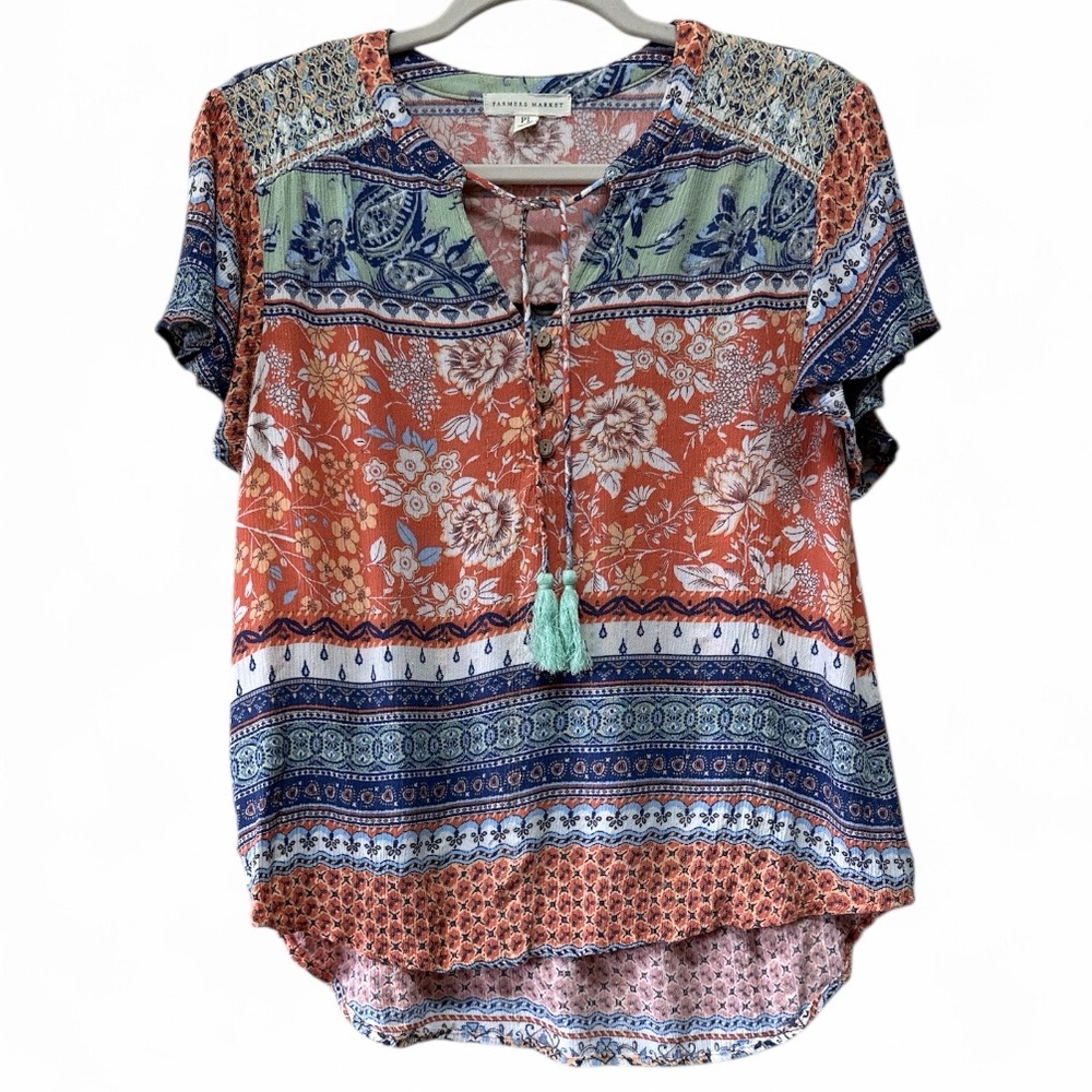 Farmers Market Boho Floral Tassel Tie Blouse – Orange Blue, Size Petite Large